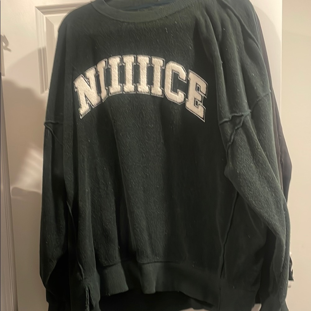 Aerie Black and Green Crew Neck Sweater with Arched Text